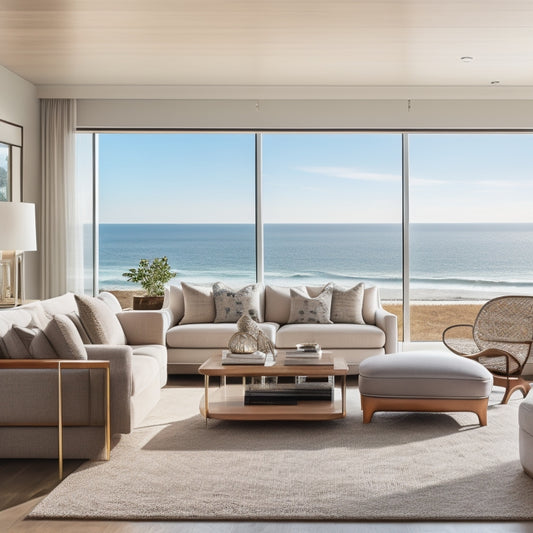 A luxurious, modern coastal living room with sleek, custom cabinetry in a warm wood tone, complemented by crisp white walls, large windows, and a stunning ocean view in the background.