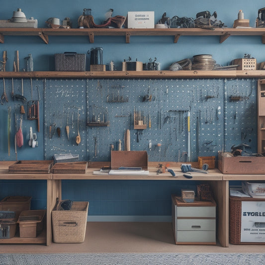 A clutter-free workshop with a pegboard adorned with neatly hung tools, a labeled storage bin, and a wooden shelf with stacked DIY project boxes, surrounded by a faint grid of measurement lines.