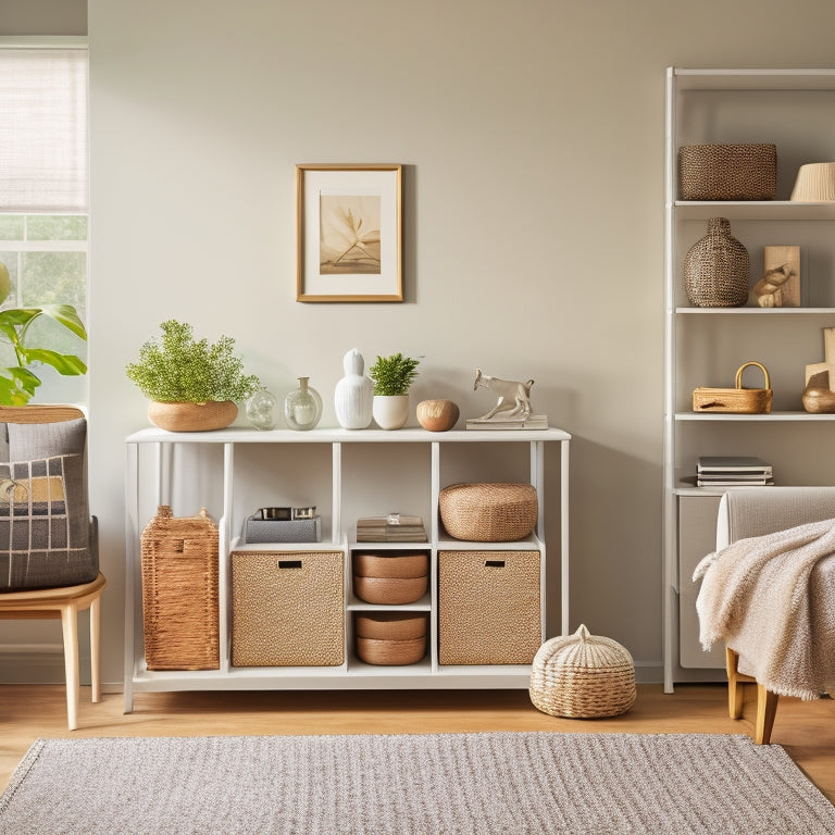 A serene, minimalist living room with a few, carefully-placed decorative objects, features a wall-mounted shelf with woven baskets, a storage ottoman, and a desk with a built-in drawer organizer.