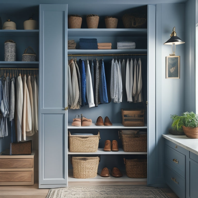 A serene, well-lit closet with a mix of open shelves, drawers, and rods, featuring a few stylish outfits, shoes, and accessories, with a few decorative baskets and a minimalist rug.