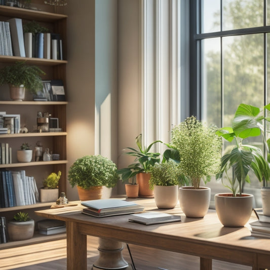 A serene, clutter-free living room with a minimalist desk, a tidy bookshelf, and a few potted plants, illuminated by warm natural light pouring in through a large window.