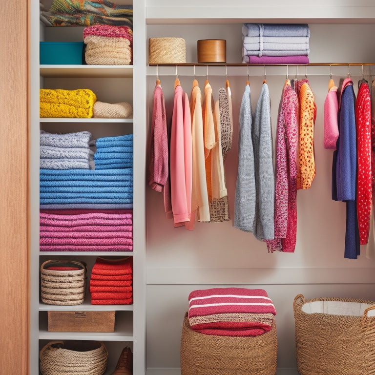 A tidy, minimalist closet with a mix of open shelving and closed cabinets, featuring repurposed crates, woven baskets, and hanging rods with colorful scarves and clothes organized by type and color.
