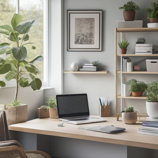 A tidy home office with a minimalist desk, a few organized papers, and a small potted plant, surrounded by a blurred background of previously cluttered shelves now empty and clean.