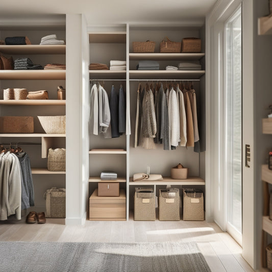 A tidy walk-in closet with wooden shelves in various heights, holding folded clothes, shoes, and baskets, surrounded by minimalist walls and a large window with natural light pouring in.