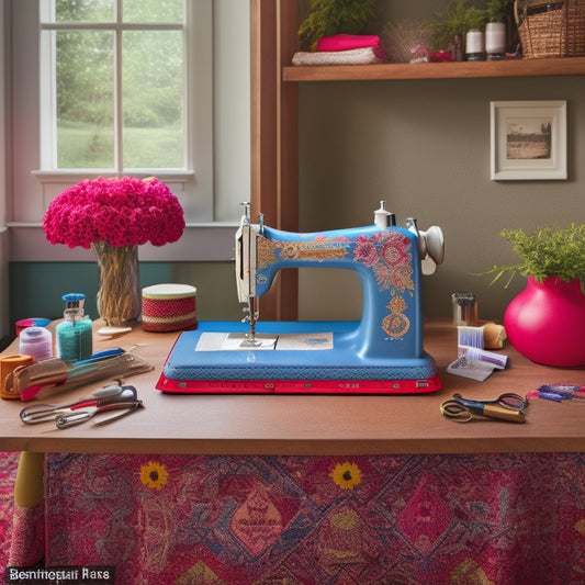 A majestic, high-quality sewing machine, BERNINA 770 QE, sits atop a wooden worktable, surrounded by vibrant fabrics, threads, and notions, with scissors, needles, and other tools scattered around.