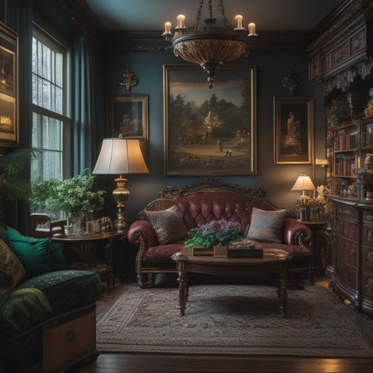 A dimly lit, ornate vintage home interior with a mix of mid-century modern and antique furniture, featuring cleverly repurposed storage nooks and hidden compartments.