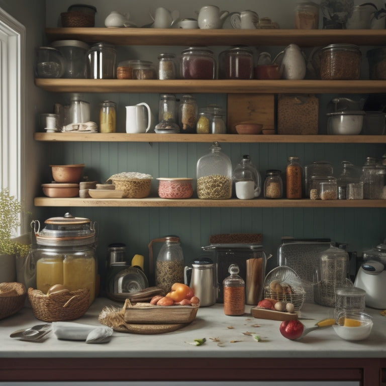 A cluttered kitchen counter with various items like jars, appliances, and utensils scattered chaotically, surrounded by empty shelves and cabinets with slightly ajar doors, hinting at unused storage space.