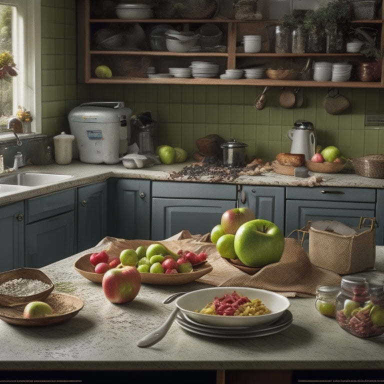 A cluttered kitchen with dirty dishes, crumpled food wrappers, and expired ingredients spilling out of cabinets, contrasting with a small, hidden corner of a clean and organized countertop with a single, fresh apple.