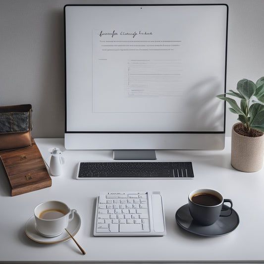 A minimalist illustration of a tidy, modern workspace with a laptop, notebook, and cup of coffee, surrounded by subtle, inspirational quotes etched into the walls in a elegant, cursive font.