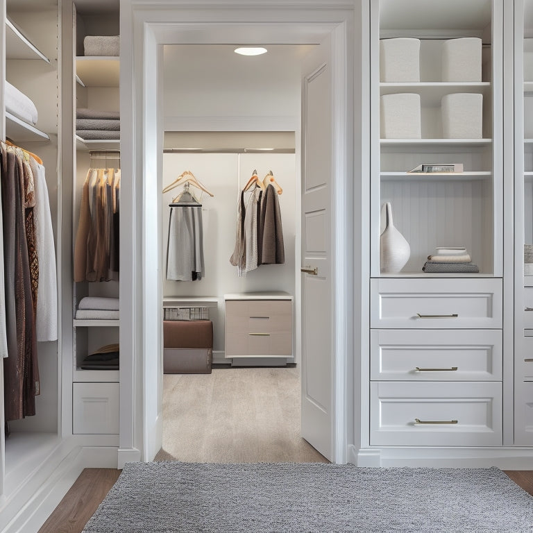 A serene, well-lit closet interior with creamy white walls, dark wood floors, and a mix of soft-close drawers and adjustable shelves in a polished chrome finish.