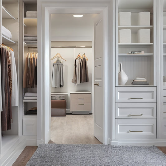 A serene, well-lit closet interior with creamy white walls, dark wood floors, and a mix of soft-close drawers and adjustable shelves in a polished chrome finish.