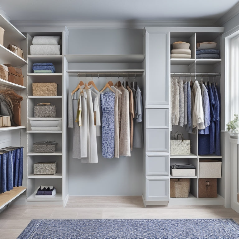 A serene, well-lit walk-in closet with a combination of shelves, drawers, and rods, featuring a mix of hanging garments, folded clothing, and organized accessories, set against a calming, light-gray background.