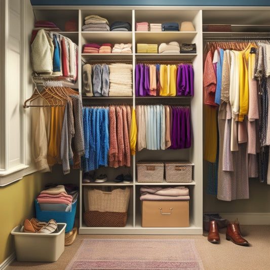 A cluttered closet with clothes scattered on the floor, tangled hangers, and shoes stacked haphazardly, contrasted with a clean and organized section featuring a tidy shelf, neatly labeled bins, and a few garments on velvet hangers.