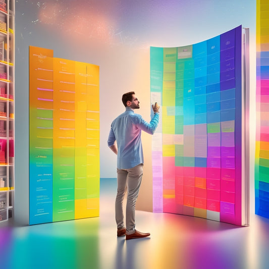 A vibrant, 3D illustration of a person standing in front of a giant, sparkling calendar, with colorful sticky notes and tabs radiating outward, surrounded by a halo of light and order.