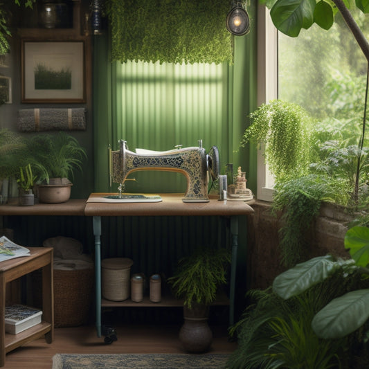 A tidy, well-lit sewing room with a wooden desk, organized threads on a pegboard, a vintage sewing machine, and a few folded fabrics on a nearby shelf, surrounded by lush green plants.