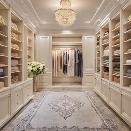A serene, high-end walk-in closet with cream-colored walls, polished marble floors, and a custom, floor-to-ceiling wooden shelving system adorned with ornate metal hardware, surrounded by plush area rugs and elegant pendant lighting.