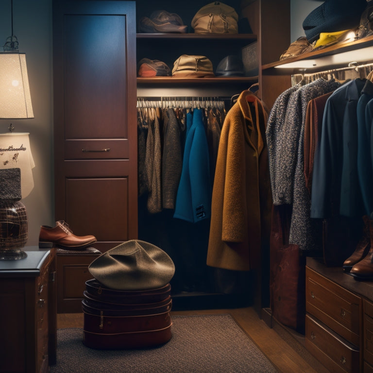 A dimly lit, cluttered small coat closet with jackets, hats, and shoes scattered chaotically, contrasted with a bright, organized version featuring neatly hung garments, labeled bins, and a sleek shoe rack.