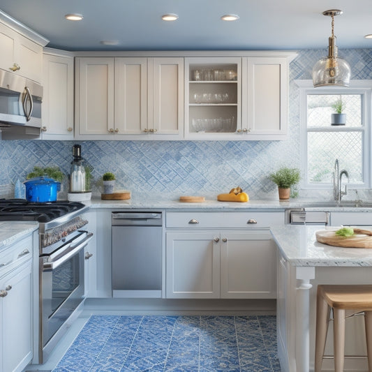 A tidy, U-shaped kitchen with white cabinets, stainless steel appliances, and a backsplash featuring a geometric pattern in shades of blue and white, showcasing a clever use of vertical space.