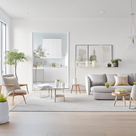 A minimalist, bright, and airy living space with 10 elegantly arranged, sleek, and modern multi-functional design pieces, showcasing their versatility and clutter-free potential.