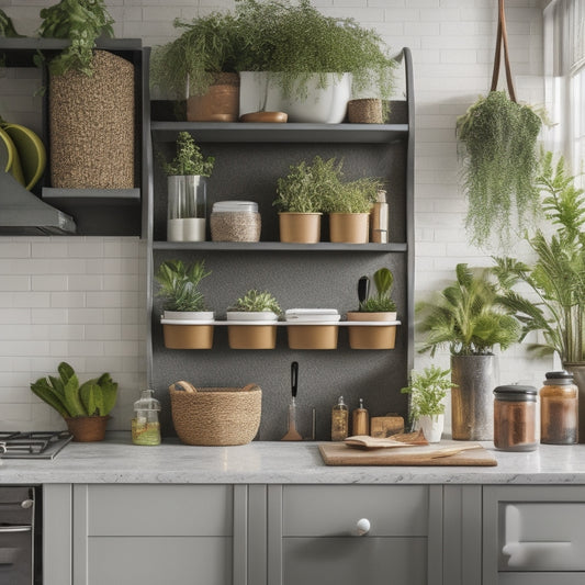 A clutter-free kitchen counter with a stylish utensil organizer, a tiered spice rack, a wall-mounted pot rack, and a pull-out trash can, surrounded by a few strategically placed decorative plants.