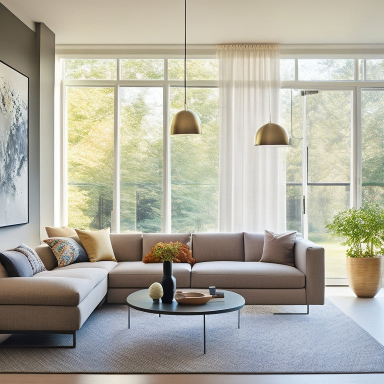 A bright, modern living room with a soaring 12-foot ceiling, featuring floor-to-ceiling windows, a minimalist floating shelf, and a sleek pendant light fixture hung at varying heights to create visual interest.