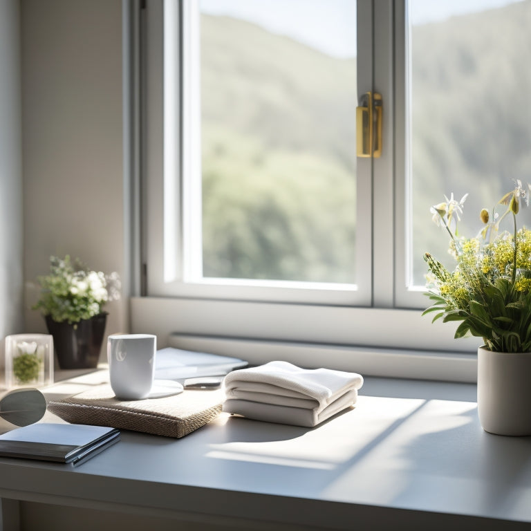 A serene, minimalist workspace with a tidy desk, a few elegant storage bins, and a vase with fresh flowers, bathed in soft, warm natural light filtering through a nearby window.