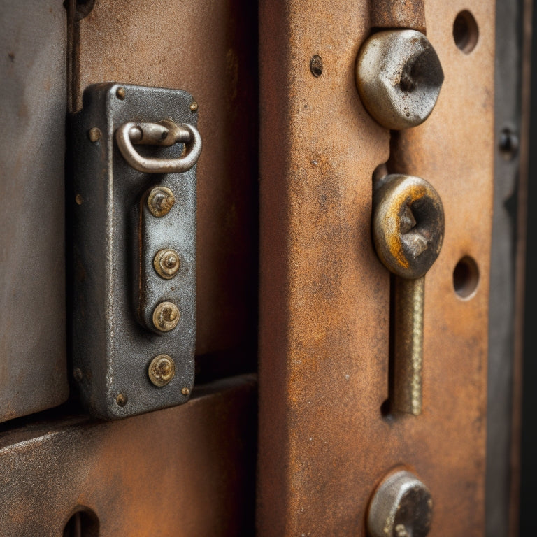 A close-up shot of a worn-out hinge, with rusty screws and corroded metal, next to a shiny new hinge with gleaming screws, set against a clean, light-gray background.