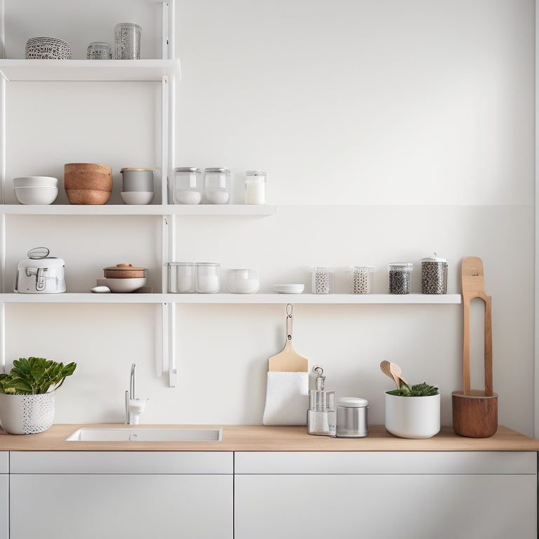 A minimalist kitchen with sleek, white cabinetry, a compact island, and a pegboard on the wall, showcasing a utensil holder, a spice rack, and a set of hooks, surrounded by natural light.