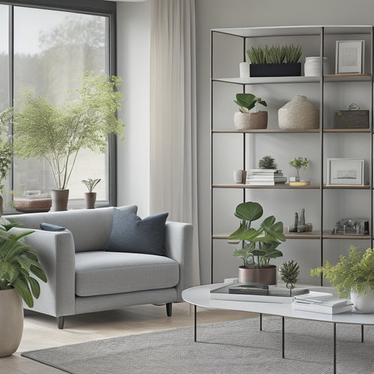 A serene, organized living room with a minimalist aesthetic, featuring a sleek storage ottoman, a wall-mounted shelf with neatly arranged books, and a few carefully placed decorative plants.