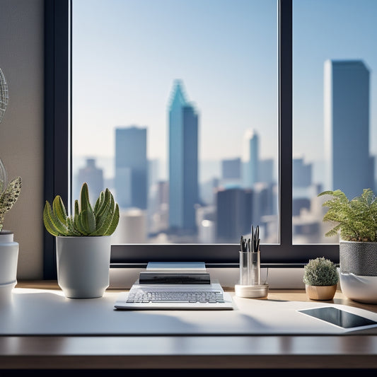 A minimalist illustration featuring a organized desk with a few neatly arranged files, a small potted plant, and a subtle cityscape of Dallas in the background, with a calm and organized atmosphere.