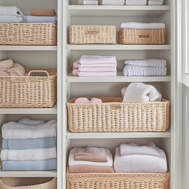 A neatly arranged linen closet with stacked, folded towels and washcloths in pastel hues, accompanied by a few woven baskets and a shelf with decorative storage bins.