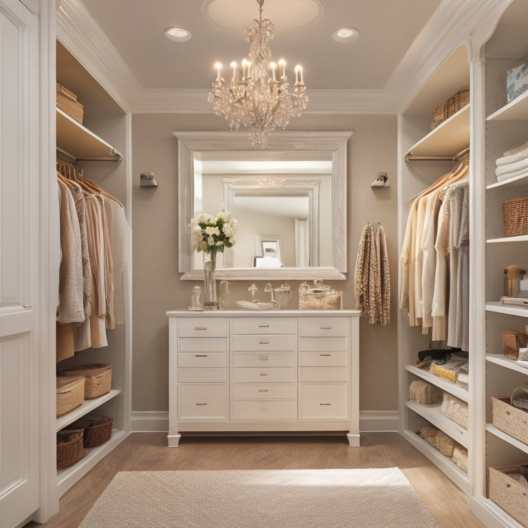 A serene, well-lit walk-in closet with cream-colored walls, dark wood shelves, and a mix of hanging rods and drawers, featuring a central island with a built-in jewelry organizer.