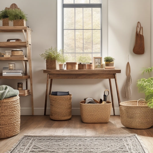 A clutter-free room with a few DIY storage projects: a wooden crate shelving unit, a woven basket on a woven rug, and a repurposed mason jar on a minimalist desk.