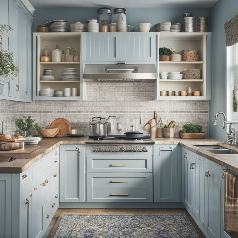 A tidy kitchen with a mix of upper and lower cabinets, a pot rack above the island, and a countertop with a utensil organizer, showcasing a variety of lids stacked and hung efficiently.