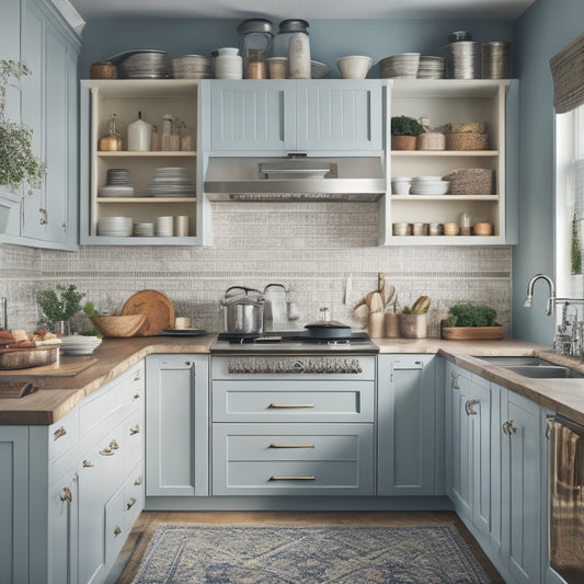 A tidy kitchen with a mix of upper and lower cabinets, a pot rack above the island, and a countertop with a utensil organizer, showcasing a variety of lids stacked and hung efficiently.