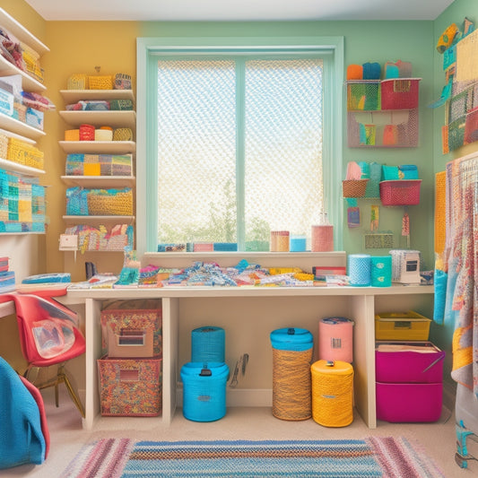 A cluttered sewing room with threads, fabric scraps, and sewing machines scattered around, transformed into an organized space with colorful storage bins, labeled baskets, and a pegboard with hanging patterns and tools.