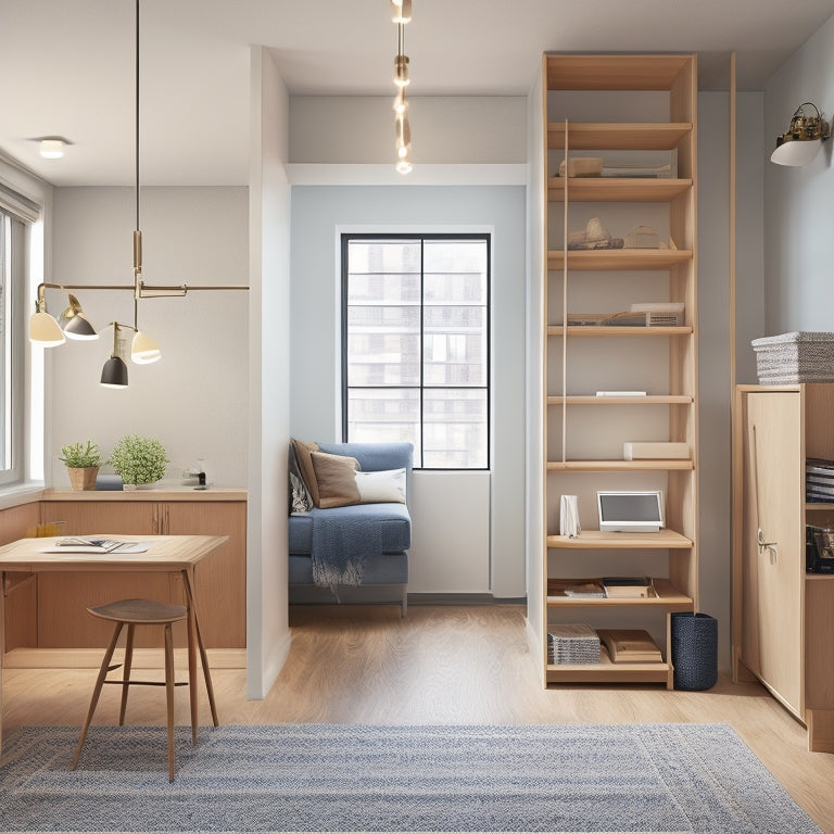 A tidy, minimalist studio apartment with a murphy bed, a compact desk with a built-in shelf, and a ladder leaning against a floor-to-ceiling storage unit with woven baskets.