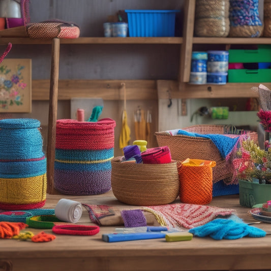 A colorful, cluttered craft table overflows with gifts: woven baskets, handmade soaps, painted mason jars, crocheted blankets, and a miniature wooden easel holding a tiny, unfinished painting.