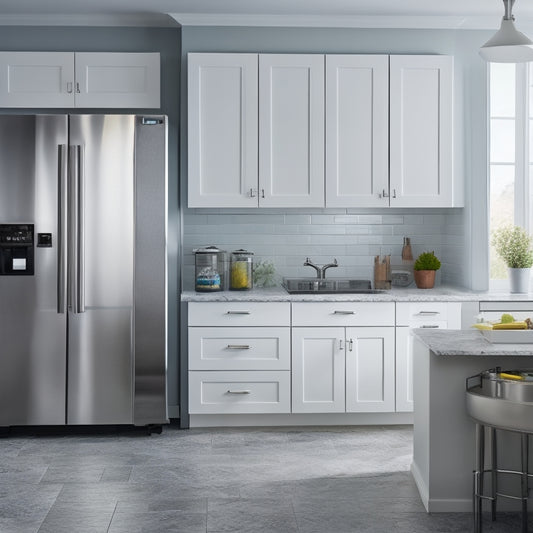 A modern kitchen with a stainless steel refrigerator, white cabinets, and granite countertops, featuring a smart door lock, motion-sensing faucet, and a surveillance camera mounted in the corner.