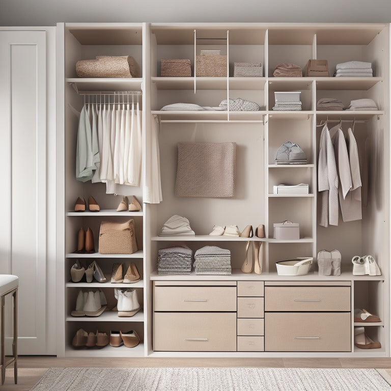 A tidy, minimalist closet with a mix of open shelves, drawers, and hanging rods, showcasing stackable storage bins, hanging organizers, and a compact shoe rack, all in a calming, neutral color palette.