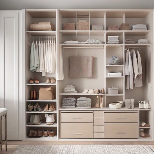A tidy, minimalist closet with a mix of open shelves, drawers, and hanging rods, showcasing stackable storage bins, hanging organizers, and a compact shoe rack, all in a calming, neutral color palette.