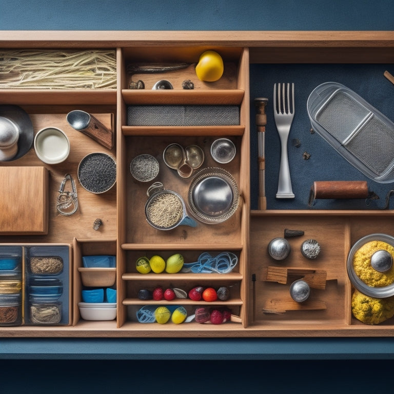 A tidy kitchen drawer with custom dividers, holding a neatly arranged assortment of utensils, spices, and cookware, with a few cleverly repurposed items like a muffin tin and binder clips.