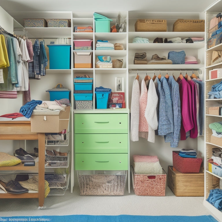 A cluttered college dorm closet transforms into a tidy space with a few essential tools: a stackable shelf, hanging organizers, and bins, surrounded by neatly folded clothes and a few textbooks.