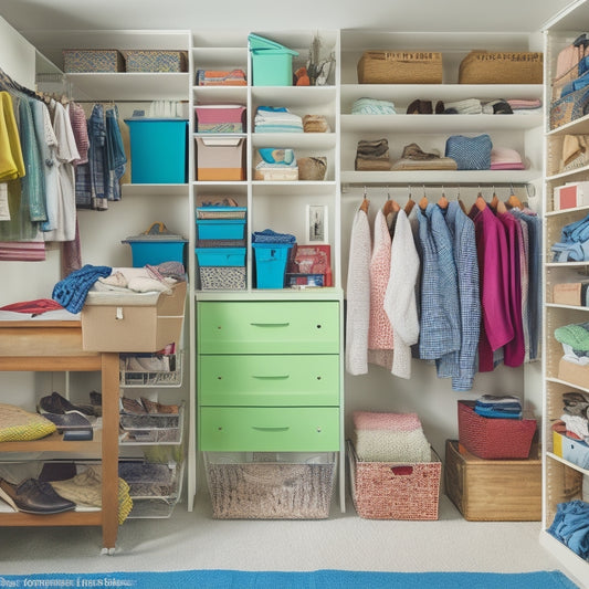 A cluttered college dorm closet transforms into a tidy space with a few essential tools: a stackable shelf, hanging organizers, and bins, surrounded by neatly folded clothes and a few textbooks.
