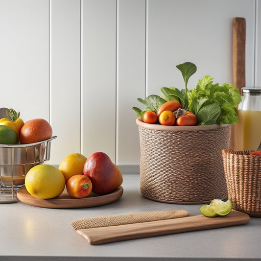 A kitchen countertop with a sleek, modern backdrop, featuring a stainless steel utensil holder, a wooden spice rack, a ceramic knife block, and a woven basket containing fresh fruits.