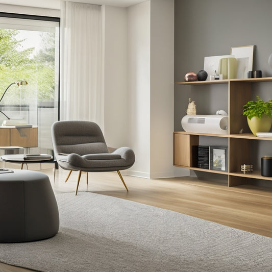 A sleek, modern living room with a floor-to-ceiling shelving unit, a compact robotic vacuum, a smart thermostat on the wall, and a minimalist desk with a wireless charging pad.