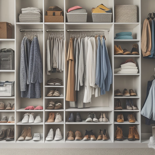 A clutter-free college closet with a hanging organizer, stacked storage bins, and a shelf divider, surrounded by a few neatly arranged outfits and a few sneakers on the floor.