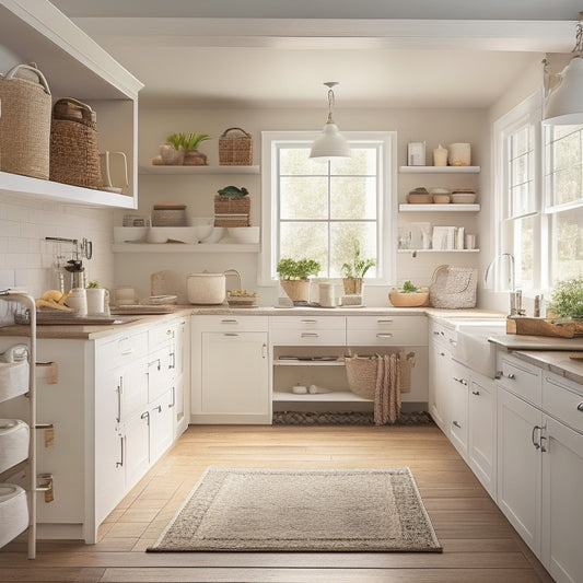 A tidy, L-shaped kitchen with creamy white cabinets, soft overhead lighting, and warm wood flooring, showcasing pull-out shelves, stacked baskets, and utensil holders maximizing storage in a compact space.