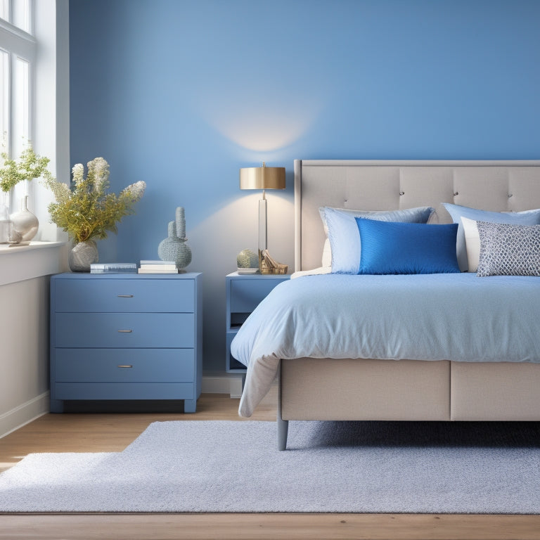 A serene, minimalist bedroom with a plush, gray-blue duvet, featuring a wall-mounted nightstand, a compact, three-drawer dresser, and a storage ottoman at the foot of the bed.