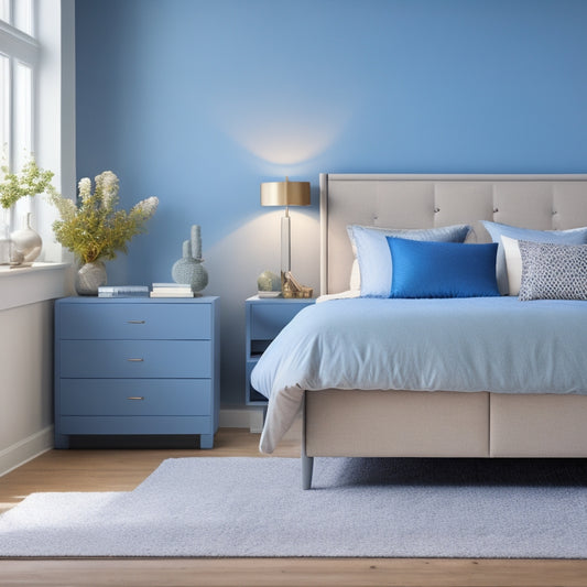 A serene, minimalist bedroom with a plush, gray-blue duvet, featuring a wall-mounted nightstand, a compact, three-drawer dresser, and a storage ottoman at the foot of the bed.